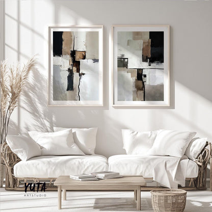 Neutral abstract wall art set with modern geometric forms and textured brush strokes