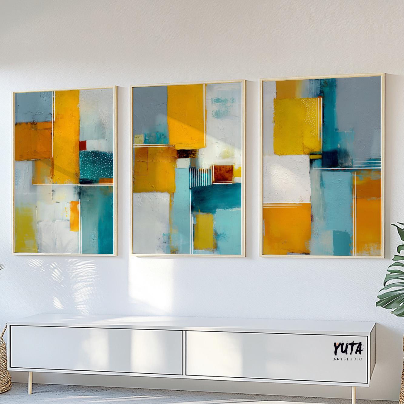 Contemporary abstract composition with teal highlights and mustard geometric forms.