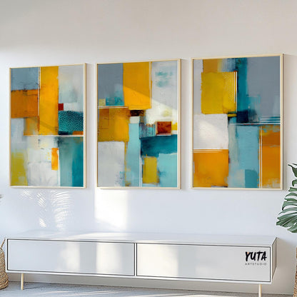 Contemporary abstract composition with teal highlights and mustard geometric forms.
