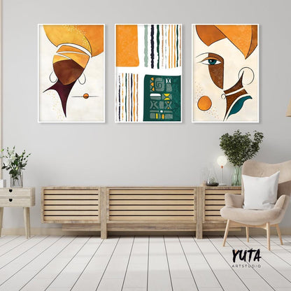 Abstract african art gallery wall set of 3 prints. Colorful ethnic women extra large posters. Modern aesthetic room decor, home gift idea