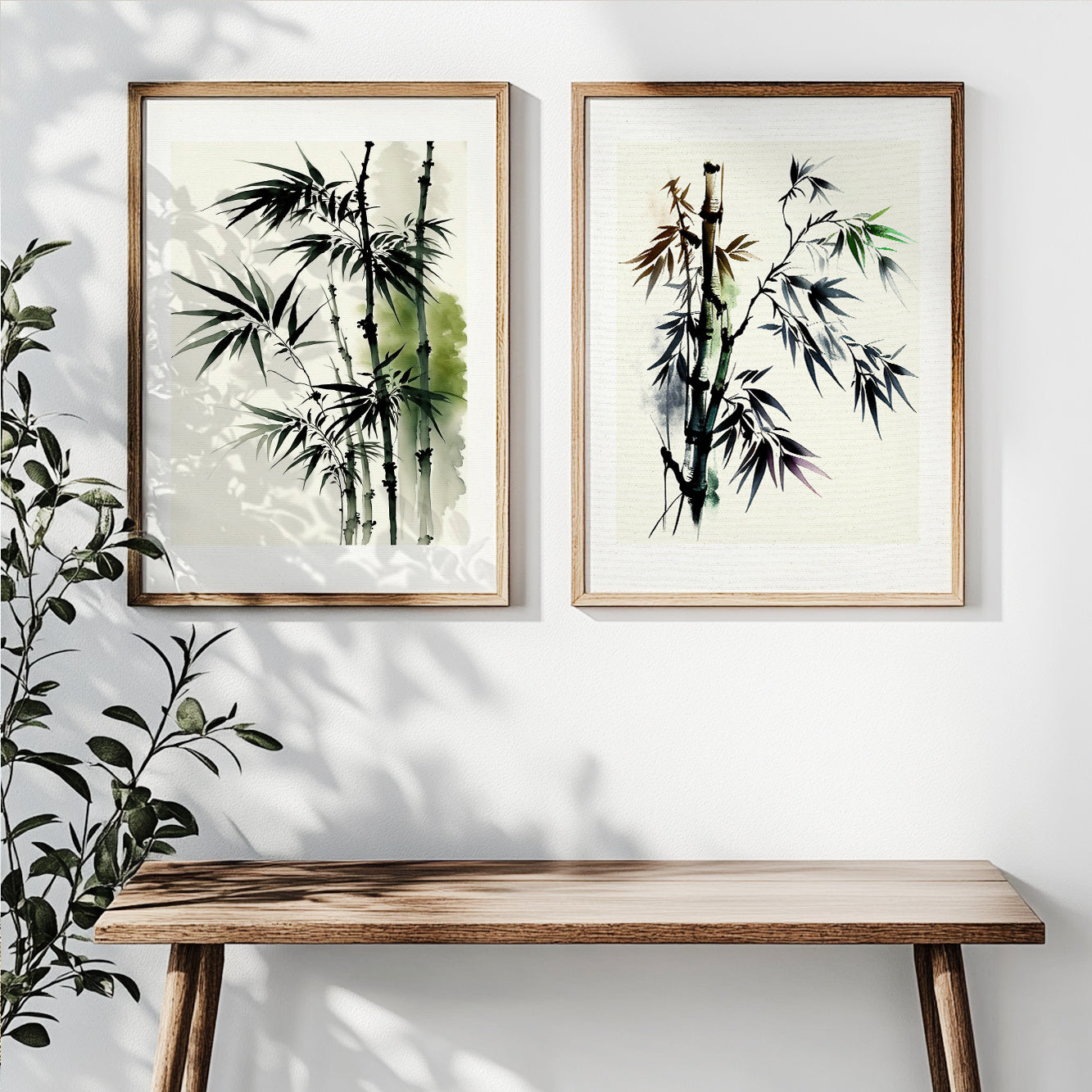Traditional Asian bamboo watercolor wall art in neutral tones