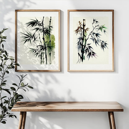 Traditional Asian bamboo watercolor wall art in neutral tones