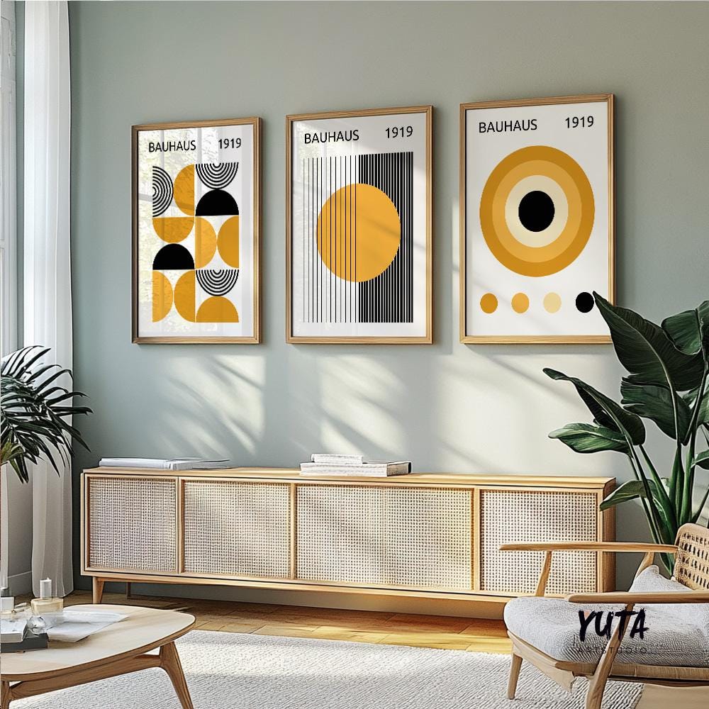 Bauhaus wall art set featuring geometric circles, abstract shapes and minimalist modernist design in mustard yellow and black