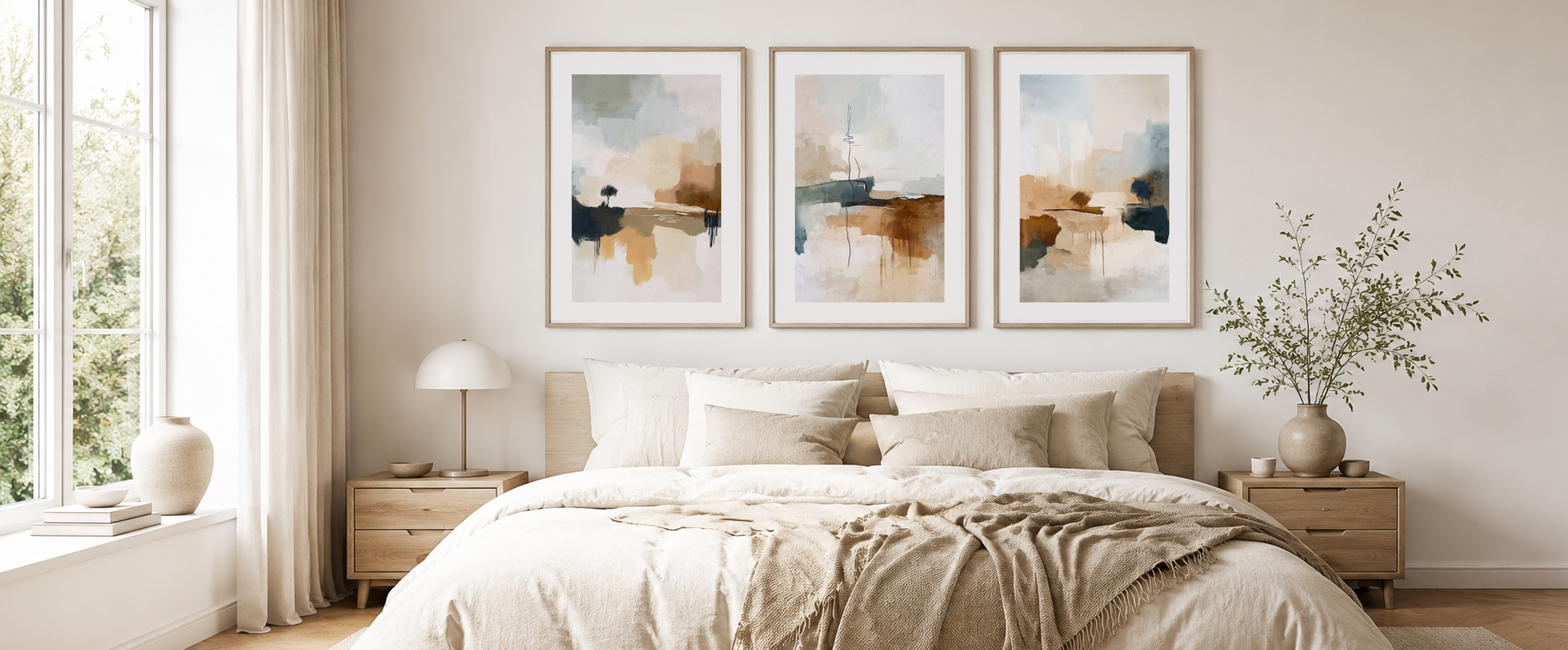 Bright Scandinavian bedroom interior with three blank framed wall art templates above the bed, neutral decor, natural light and minimalist modern styling.