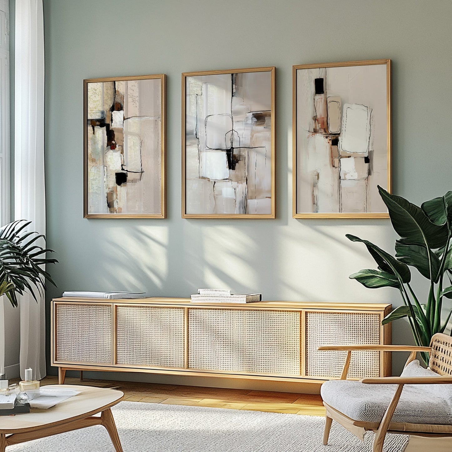 Contemporary gallery wall featuring minimalist geometric abstract artwork in soft neutral colors