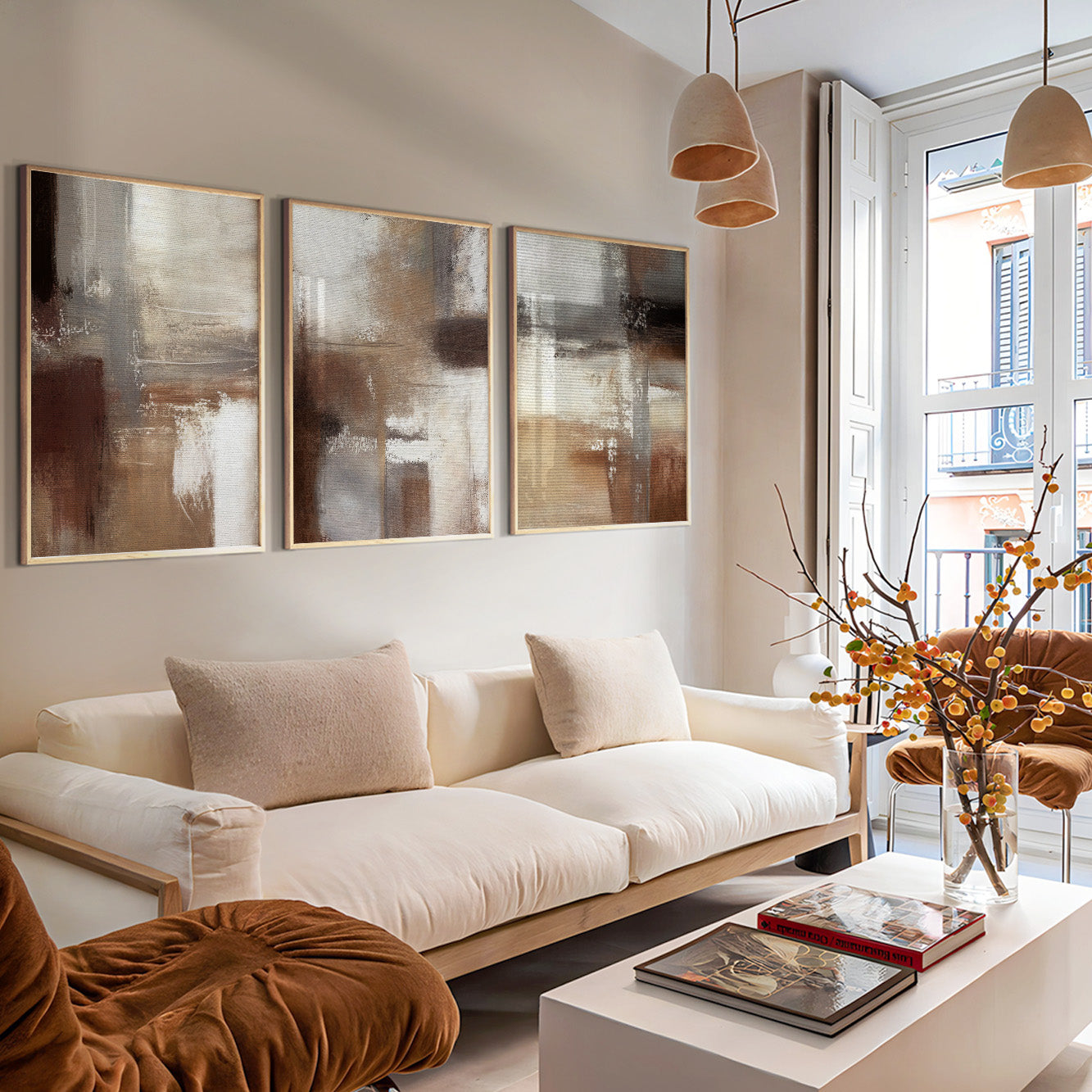 Modern abstract prints featuring textured neutral brushstrokes