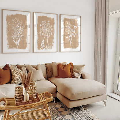 Contemporary botanical wall décor with delicate meadow flowers on beige textured backgrounds
