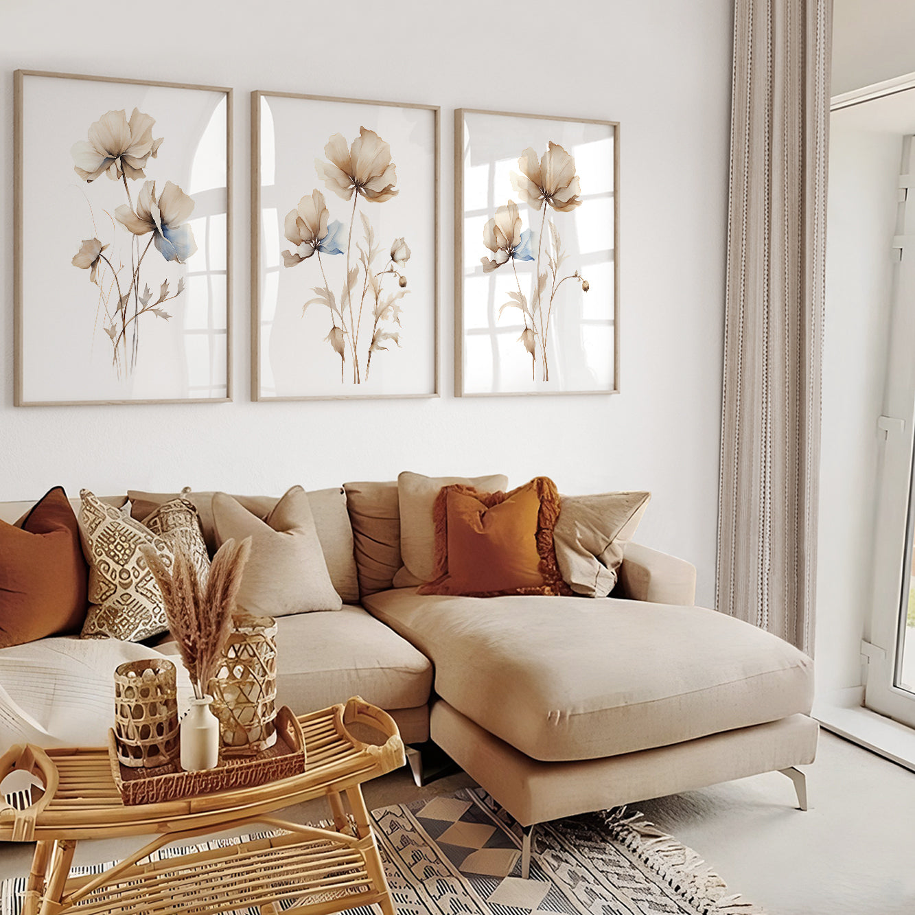 Organic modern floral canvas prints in beige and soft blue