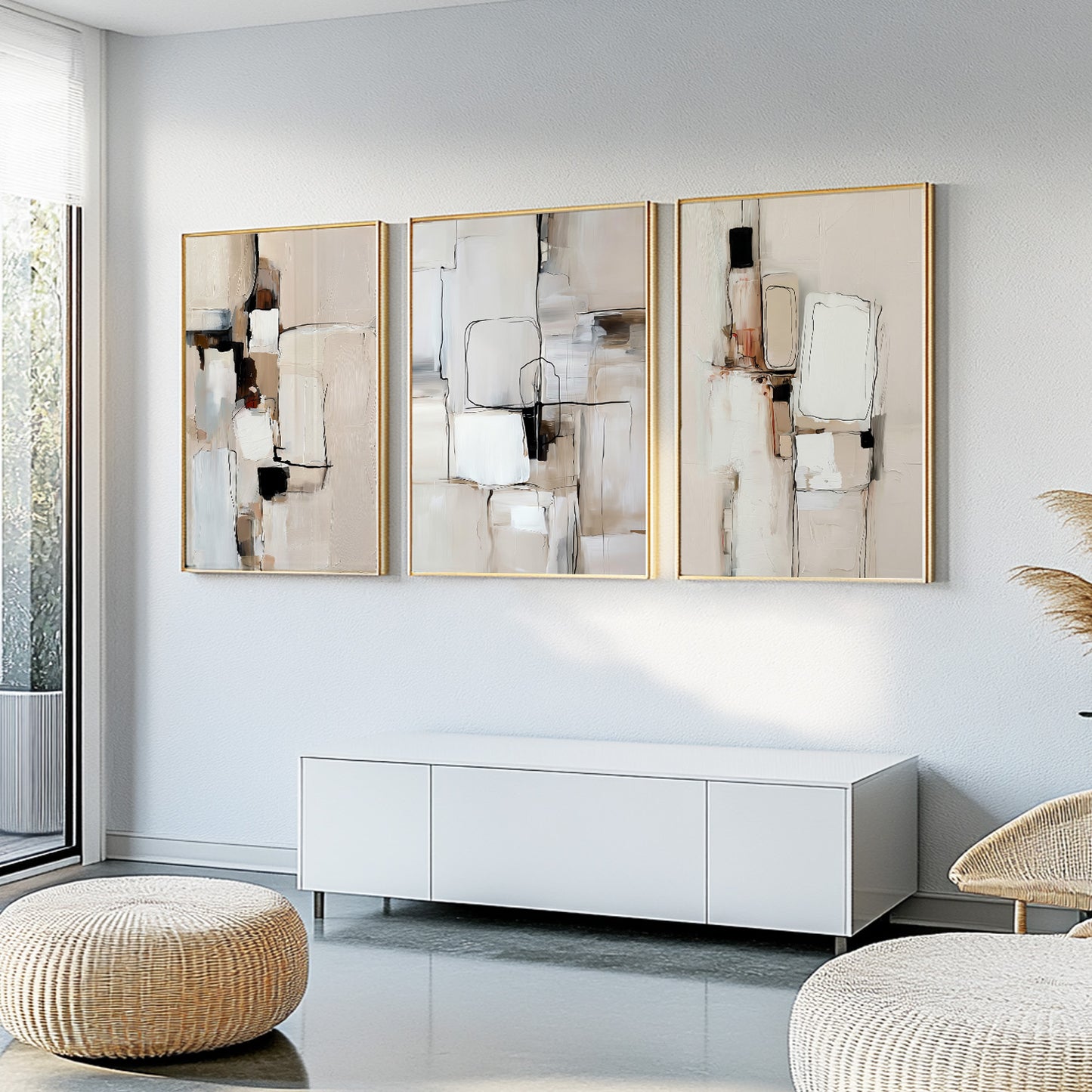 Modern abstract wall art with layered neutral shapes in beige, ivory, taupe, and black