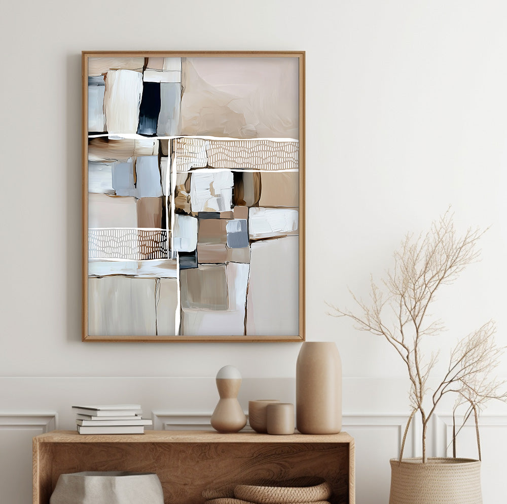 Beige and gray abstract wall art  featuring contemporary geometric forms and soft neutral brushstrokes.