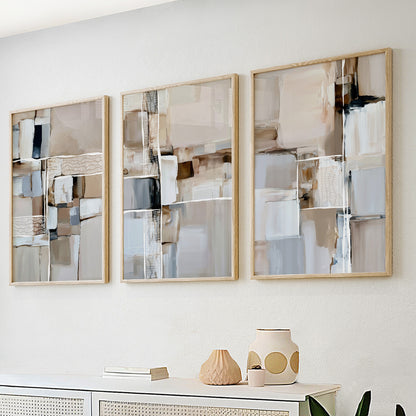 Neutral abstract wall art set of 3 featuring textured geometric compositions in beige and ivory