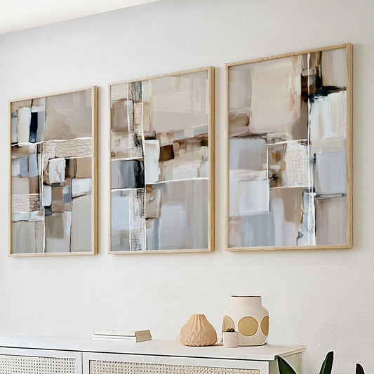 Neutral abstract wall art set of 3 featuring textured geometric compositions in beige and ivory