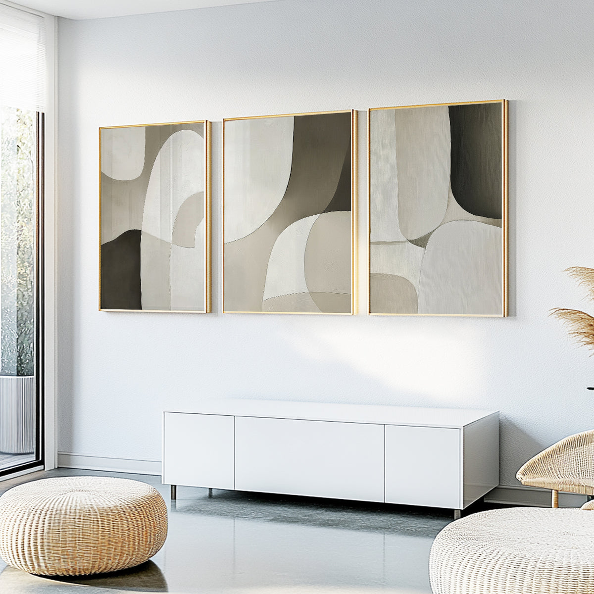 Beige neutral wall art set of 3 featuring oversized abstract shapes and a calm minimalist color palette.