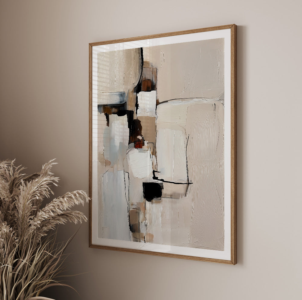 Beige white and black abstract wall art set with contemporary geometric forms and warm taupe accents.