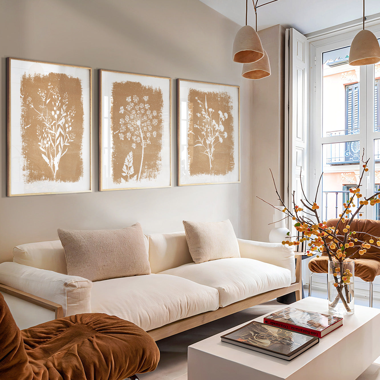 Beige botanical prints with delicate wildflower illustrations in soft neutral earth tones