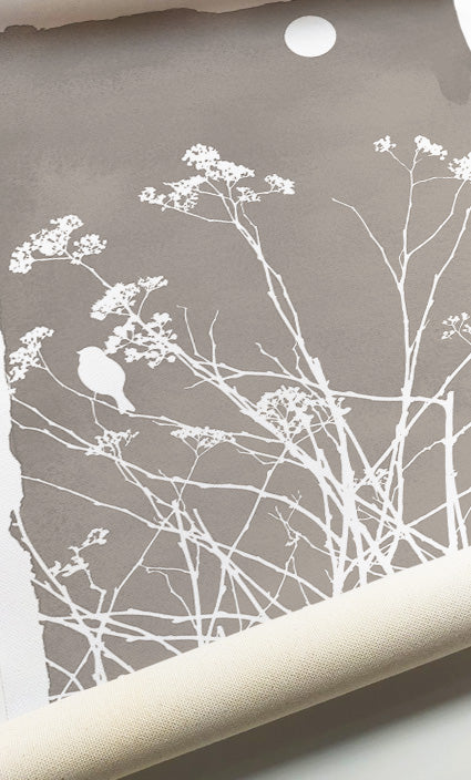 Nature-inspired botanical wall décor featuring meadow flowers, birds, and textured backgrounds