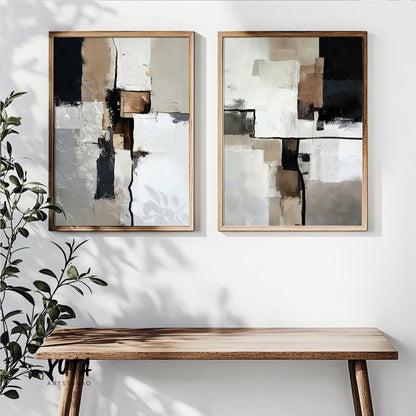 Contemporary abstract artwork with beige, black and white layered composition