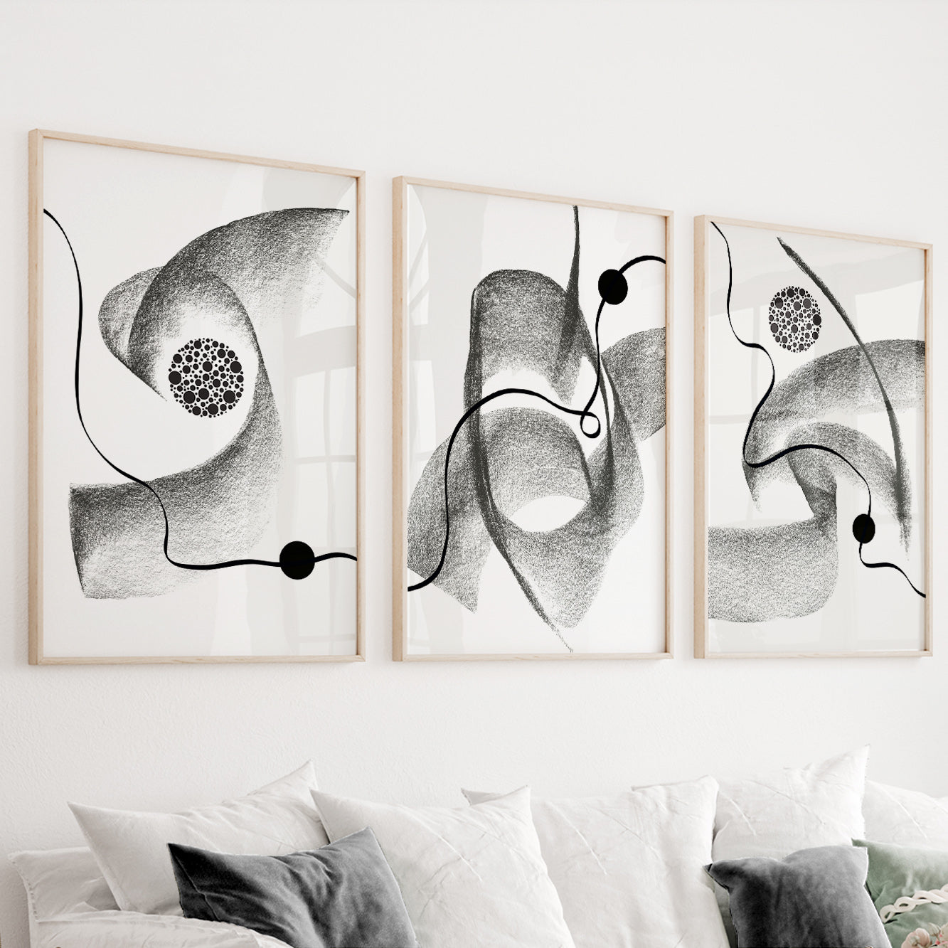 Black and white abstract wall art set of 3 featuring expressive charcoal textures and flowing line art
