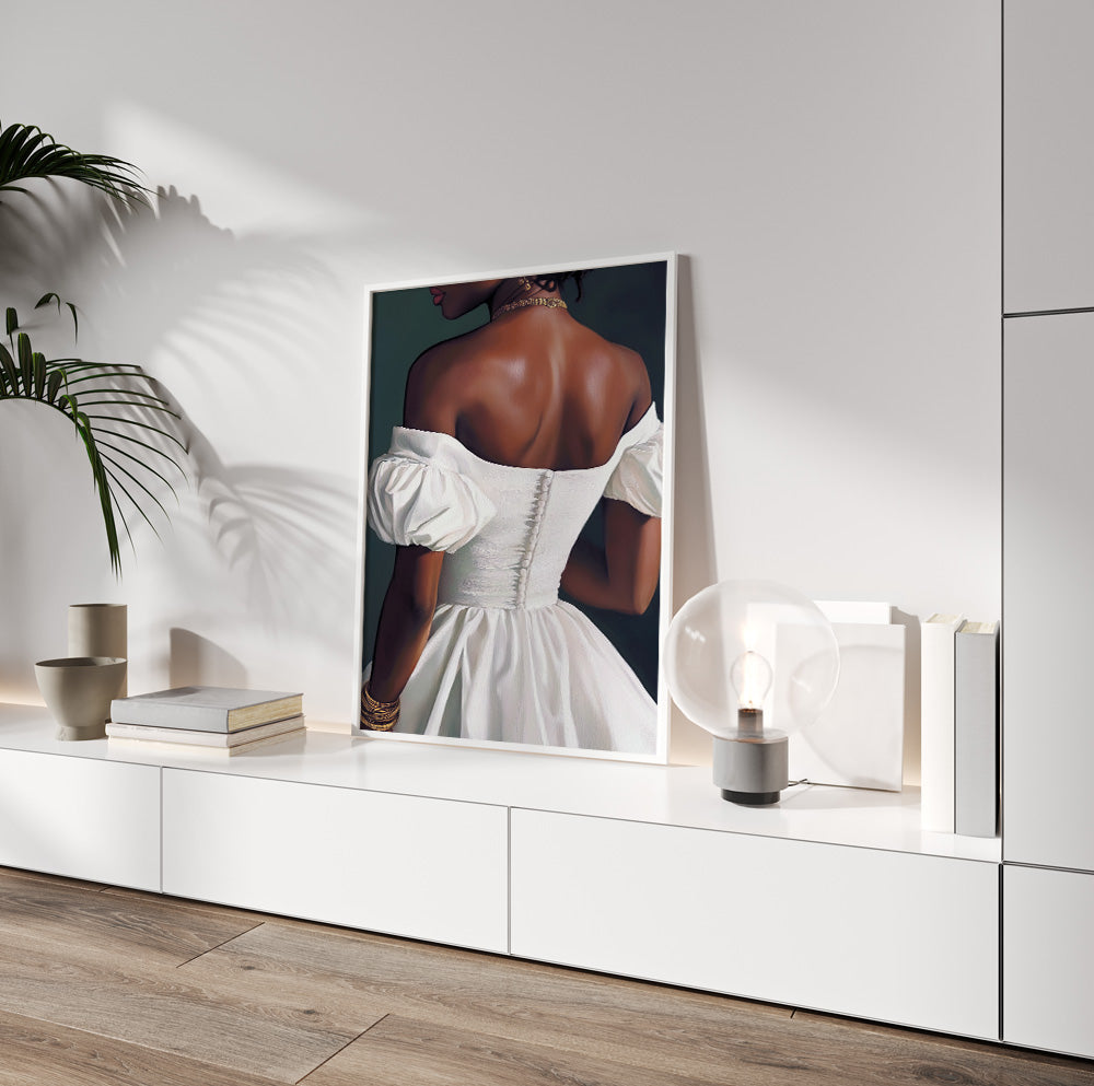 Black feminine portrait wall art with rich brown skin, white dress and subtle gold accessories