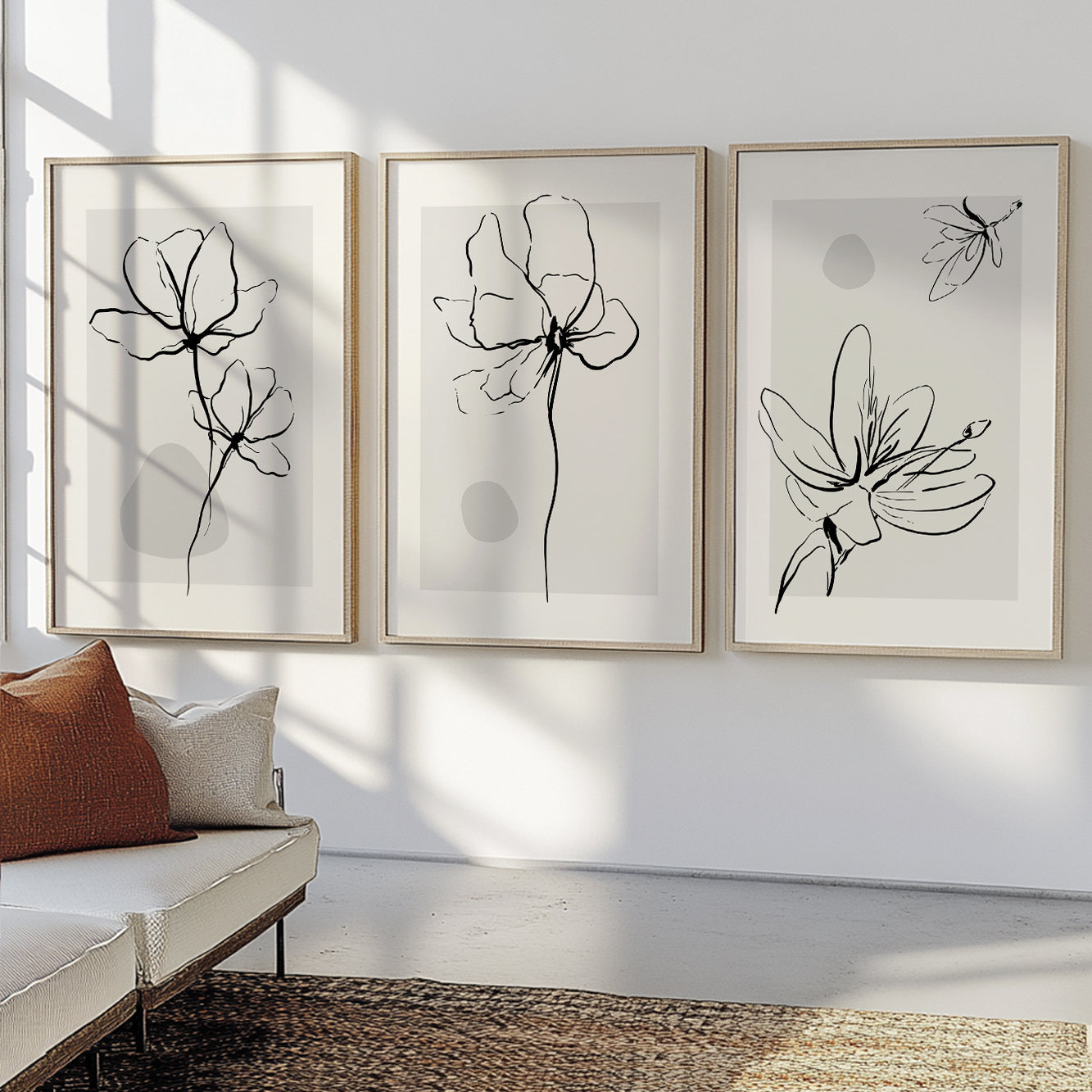 Black and white floral prints on soft neutral backgrounds