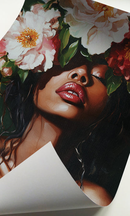 Black woman botanical wall art featuring a dramatic portrait with lush flowers and green foliage