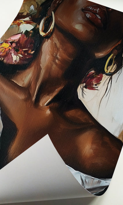 Black woman fashion art print featuring an elegant portrait with glossy lips and statement earrings