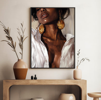 Black woman fashion portrait featuring glossy lips, gold statement earrings and a white blouse