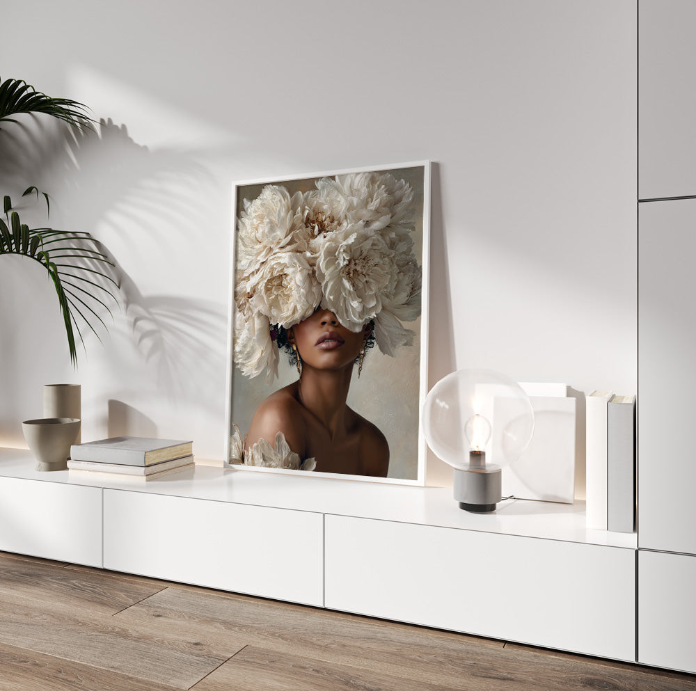 Black woman floral portrait featuring an elegant woman surrounded by abundant white peony-style blooms
