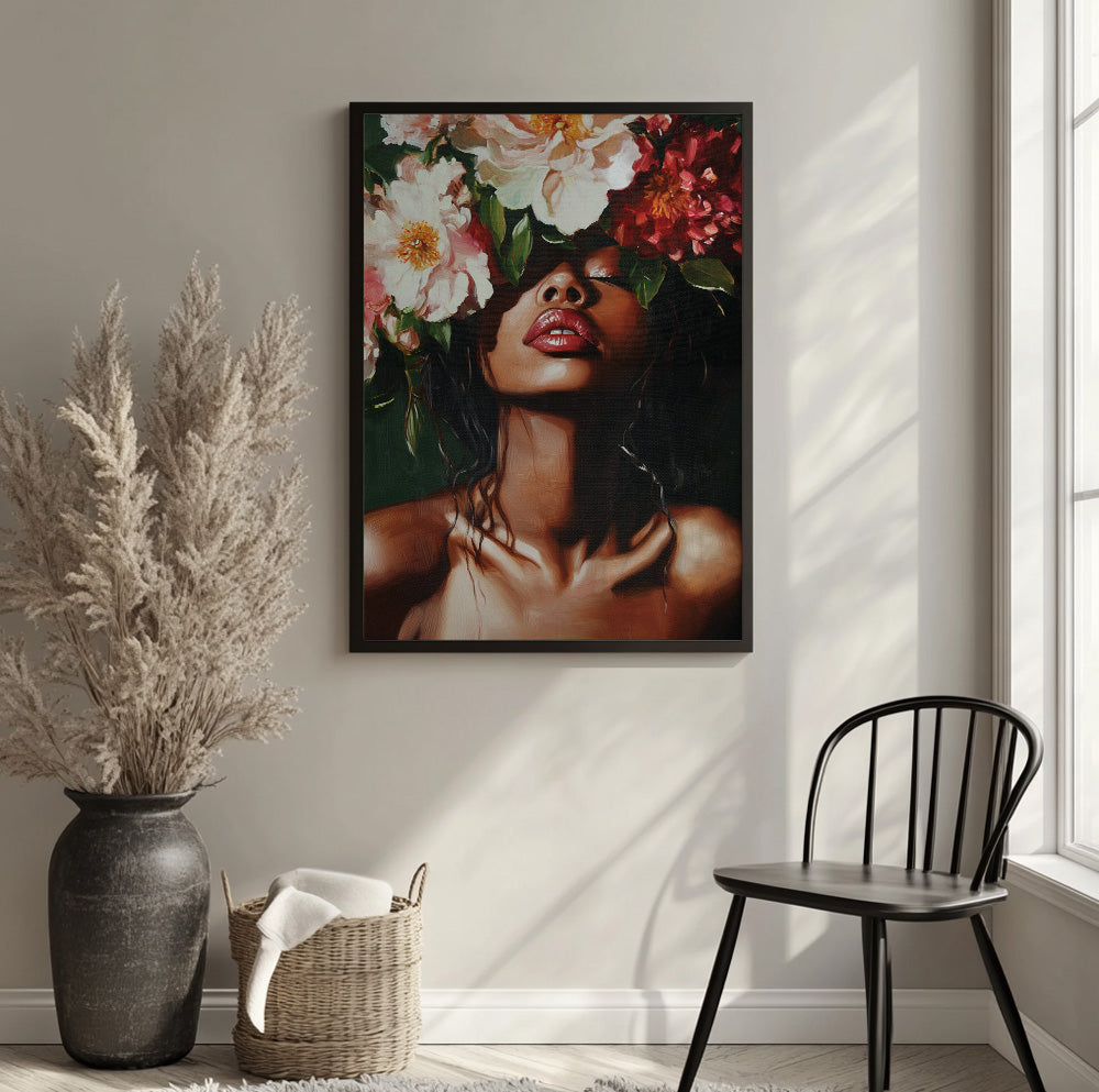 Black woman floral wall art featuring a female portrait beneath oversized pink, white and burgundy flowers