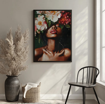 Black woman floral wall art featuring a female portrait beneath oversized pink, white and burgundy flowers