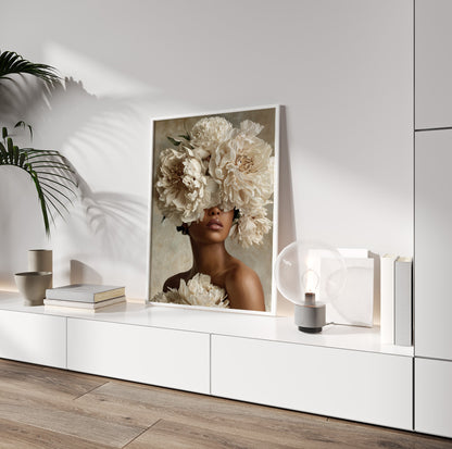 Black woman floral wall art featuring an elegant portrait surrounded by abundant white blooms