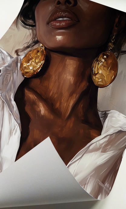 Black woman modern wall art featuring a sophisticated close-up portrait in brown, white and gold tones
