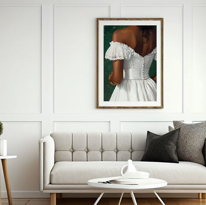Black woman off shoulder dress art featuring a fitted white corset bodice and delicate lace details