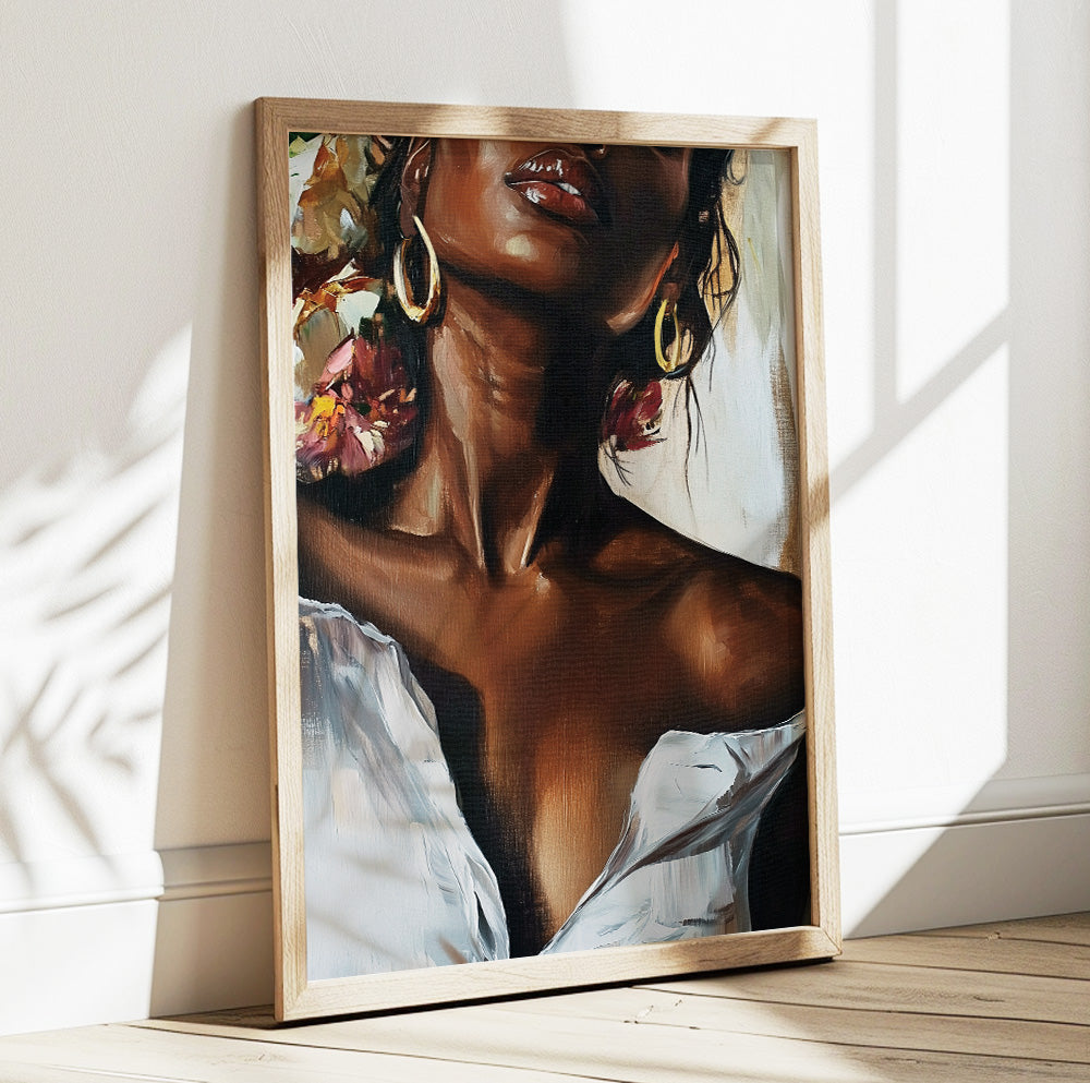 Black woman portrait wall art featuring an elegant female figure with gold hoop earrings