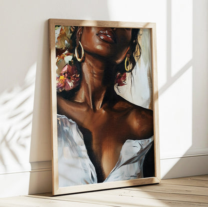 Black woman portrait wall art featuring an elegant female figure with gold hoop earrings