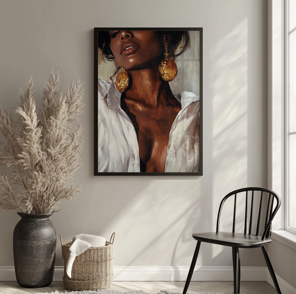 Black woman portrait wall art featuring an elegant female figure with oversized gold earrings