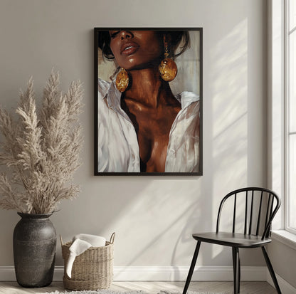 Black woman portrait wall art featuring an elegant female figure with oversized gold earrings