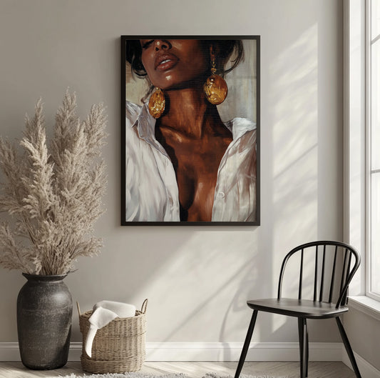 Black woman portrait wall art featuring an elegant female figure with oversized gold earrings