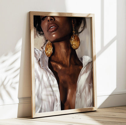 Black woman portrait wall art featuring an elegant female figure with statement gold earrings