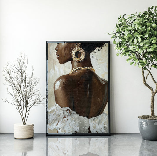 Black woman profile wall art featuring oversized gold earrings and an elegant white dress