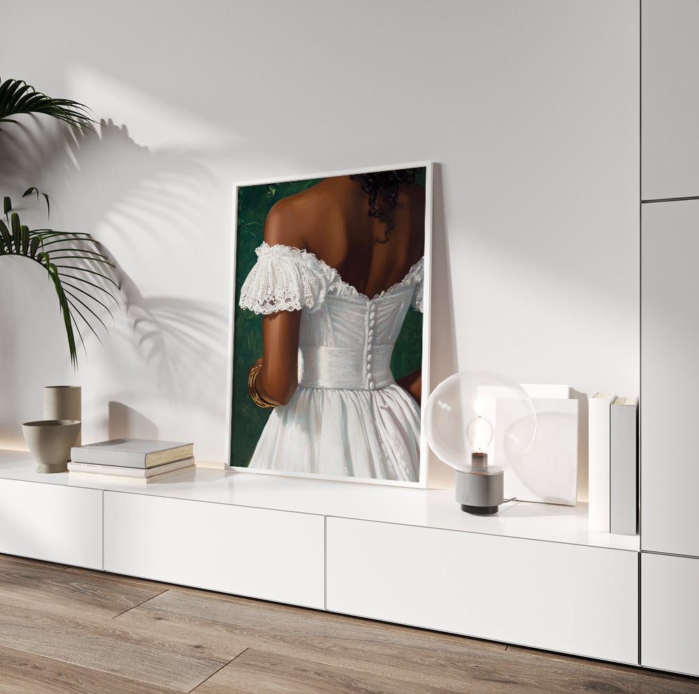 Black woman romantic portrait art featuring a white vintage inspired dress and gold bracelets