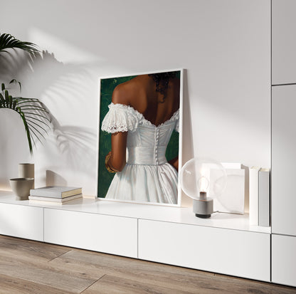 Black woman romantic portrait art featuring a white vintage inspired dress and gold bracelets