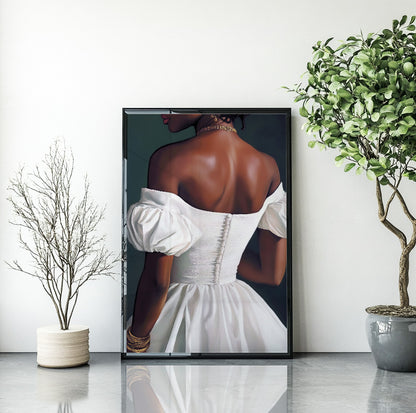 Black woman in white dress wall art featuring an elegant back view and gold jewelry