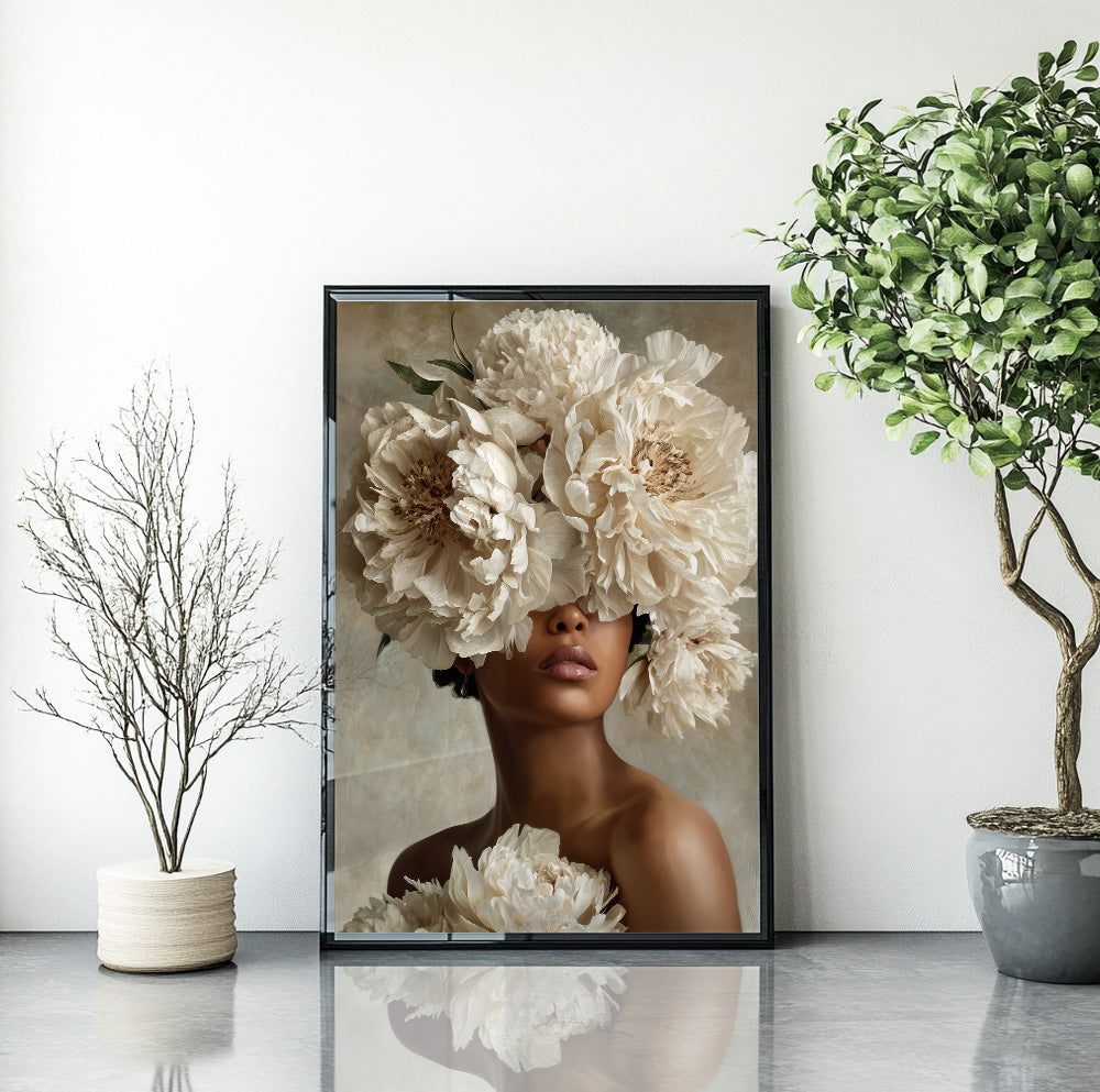 Black woman with white flowers wall art featuring oversized ivory blooms covering her eyes