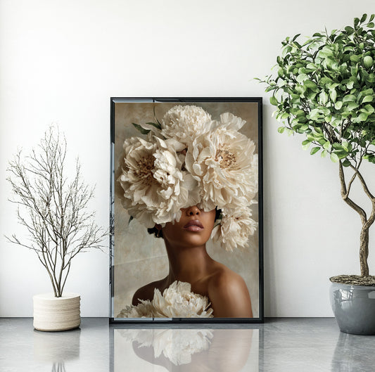 Black woman with white flowers wall art featuring oversized ivory blooms covering her eyes