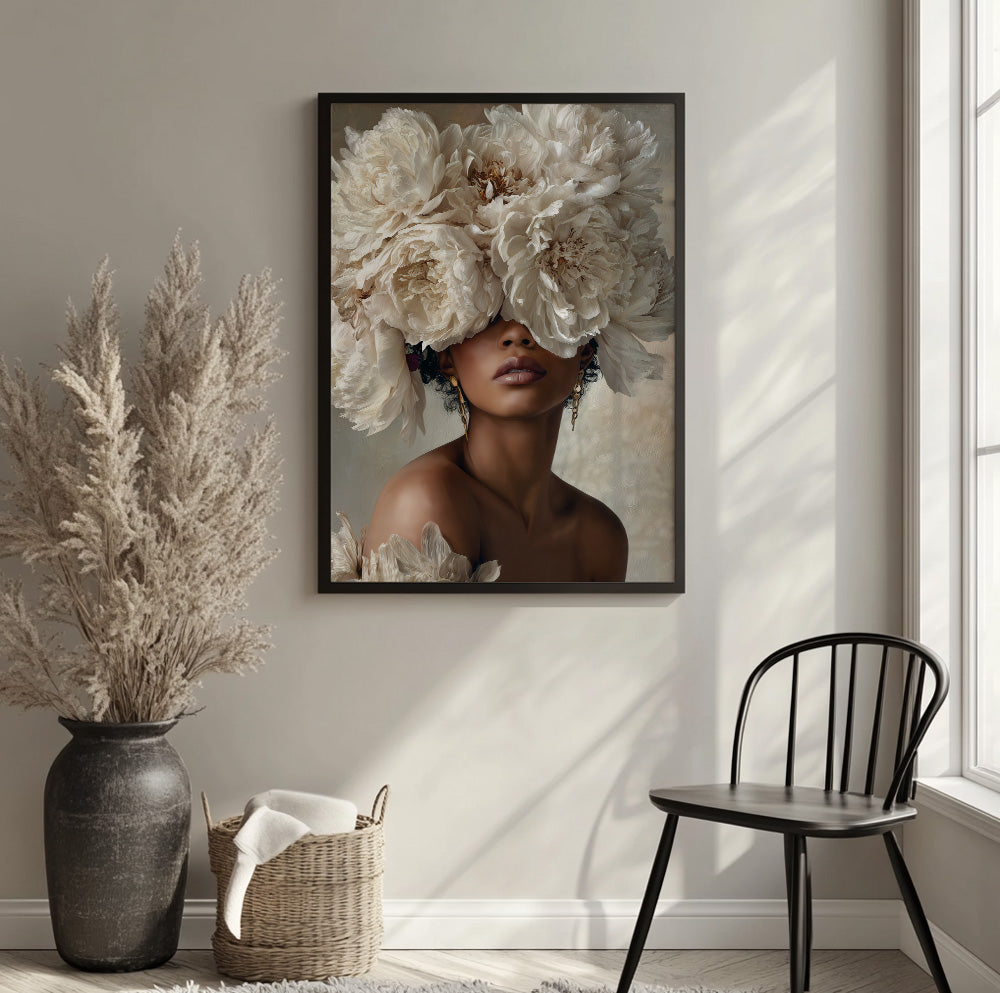 Black woman with white flowers wall art featuring oversized ivory peonies covering her eyes