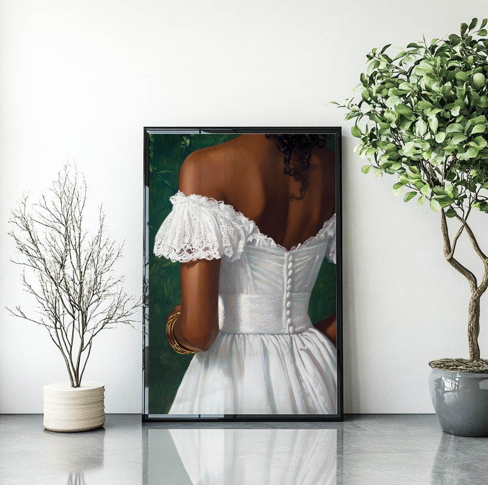Black woman in white lace dress wall art featuring an elegant back view against a deep green background