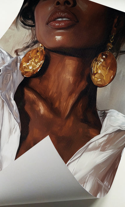 Black woman white shirt art featuring an elegant close-up portrait with statement jewelry