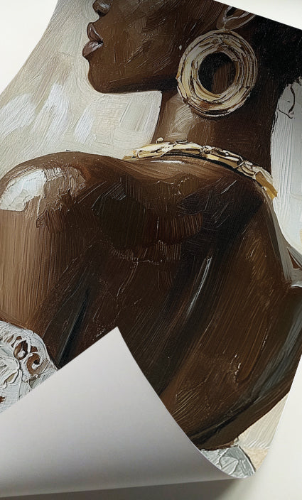 Black woman with gold jewelry print featuring large statement earrings and a gold necklace