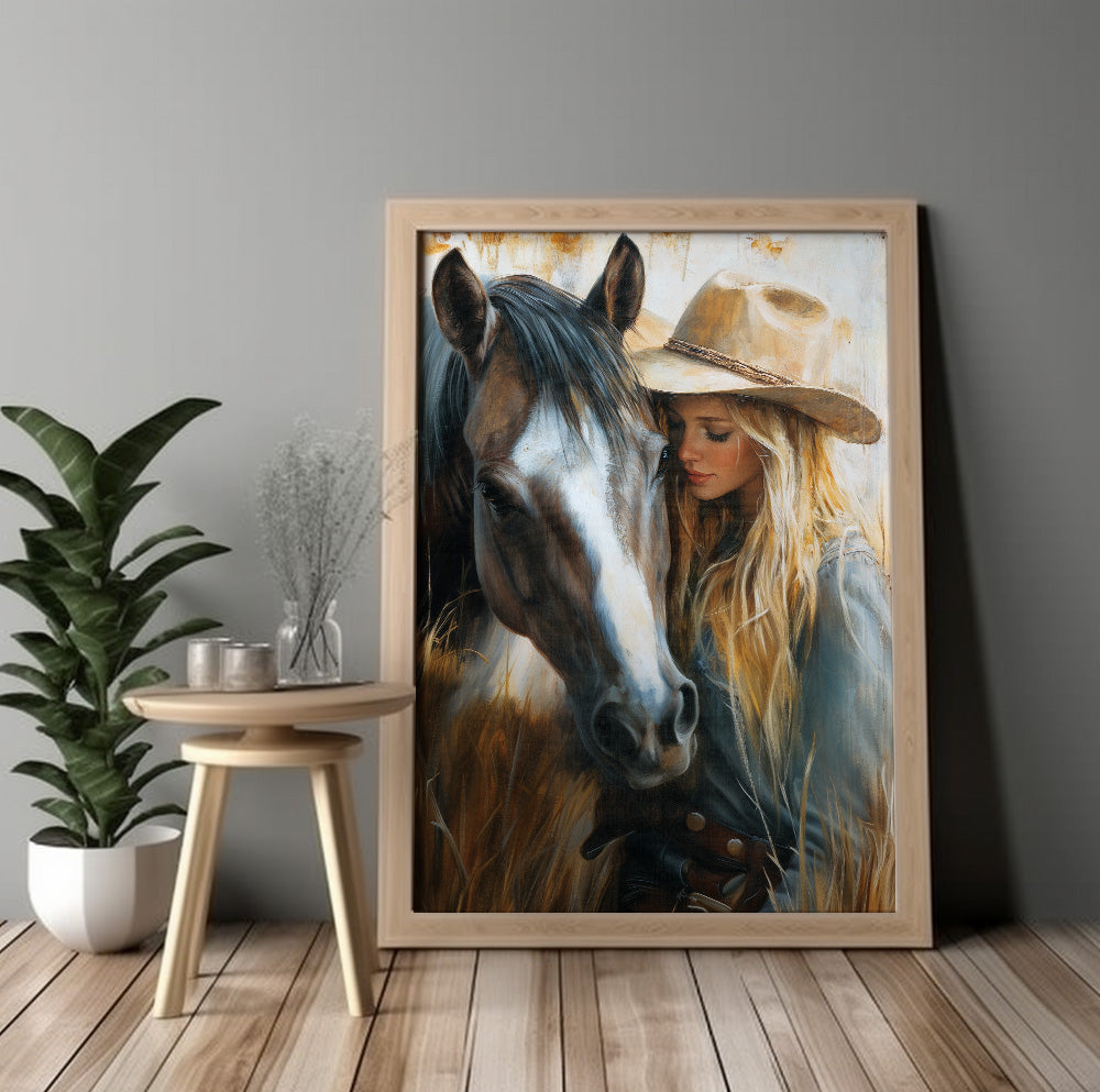 Blonde cowgirl horse portrait featuring a woman in a neutral cowboy hat with a gray horse